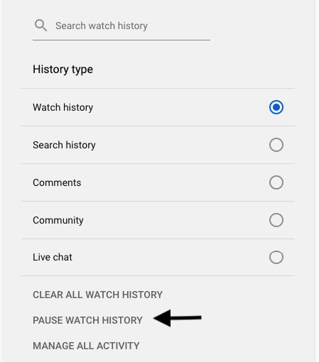 Pausing watch history on Youtube