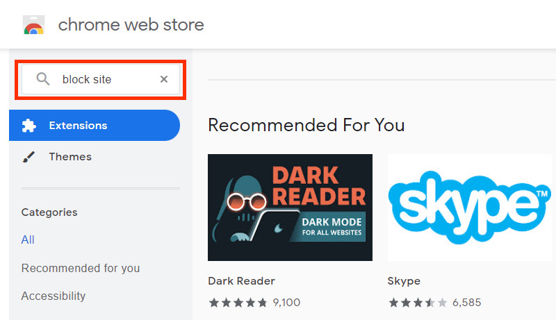 Search for block site chrome web store