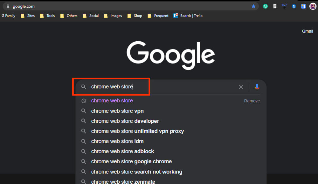Search for chrome web store