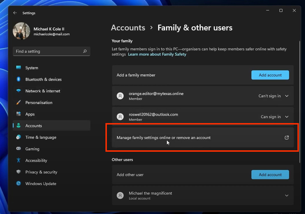 Manage family settings online