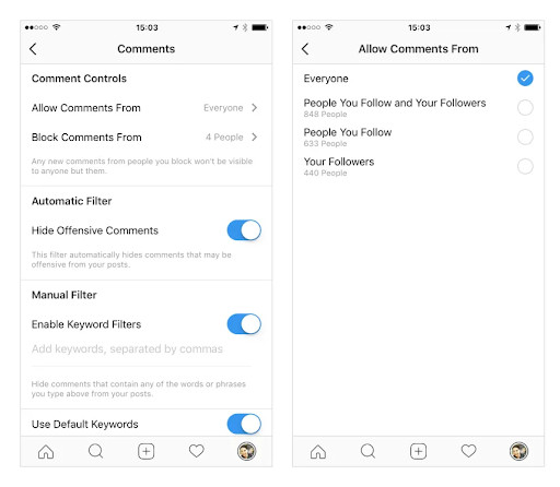 Instagram "Comment Controls" settings screen