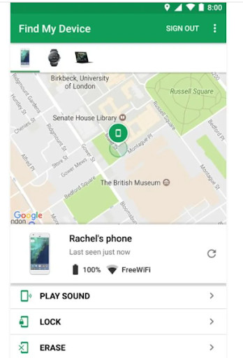 Android Find My Device map